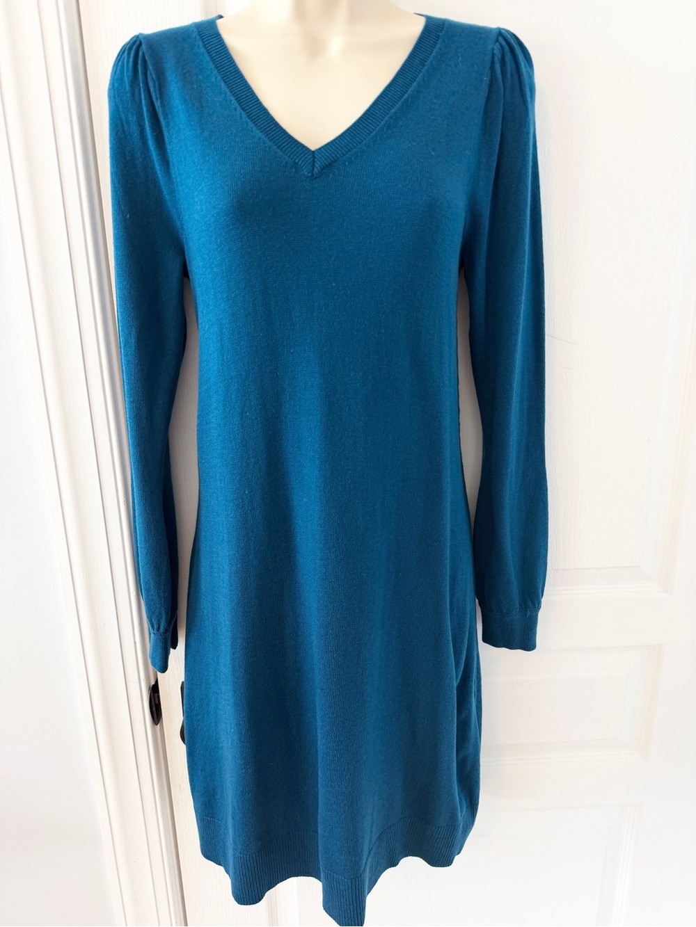 NWT LOFT Teal Soft Knit Sweater Dress XS Puff Sleeve